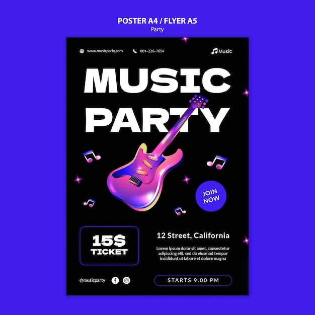 Бесплатный PSD Шаблон плаката музыкальной вечеринки