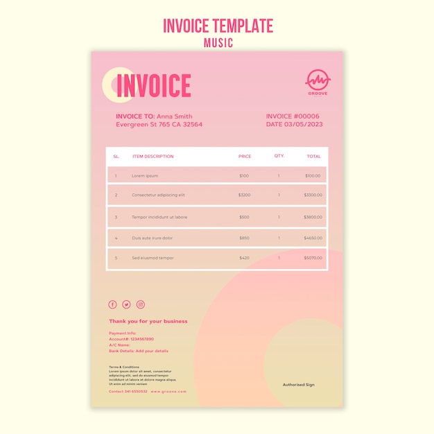 Free PSD music session invoice template