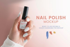 Nail polish bottle mockup psd with woman’s hand for beauty brands