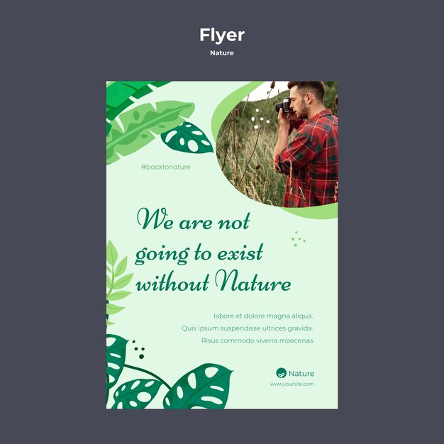 Free PSD nature adventure vertical flyer template with vegetation and leaves