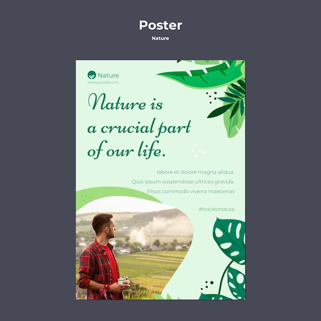 Шаблон вертикального плаката с природными приключениями с растительностью и листьями