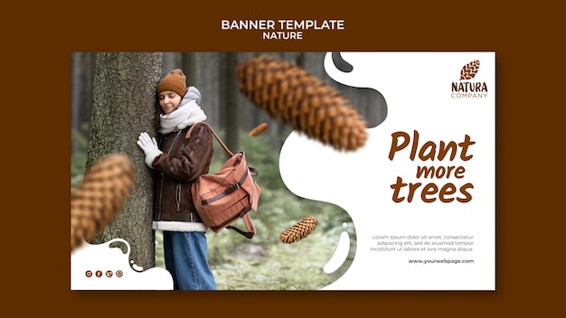 Nature adventure with couple and pine cones horizontal banner template