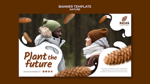 Free PSD nature adventure with couple and pine cones horizontal banner template