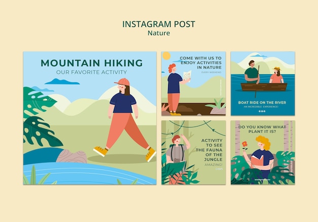 무료 PSD 자연 탐험 및 야외 모험 인스타그램 게시물 모음