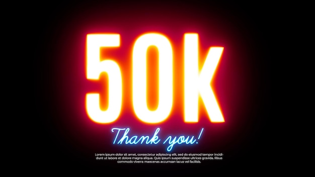 PSD gratuito banner al neon per celebrare 50.000 follower su un muro di mattoni neri