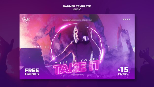 Neon banner template for electronic music with female dj