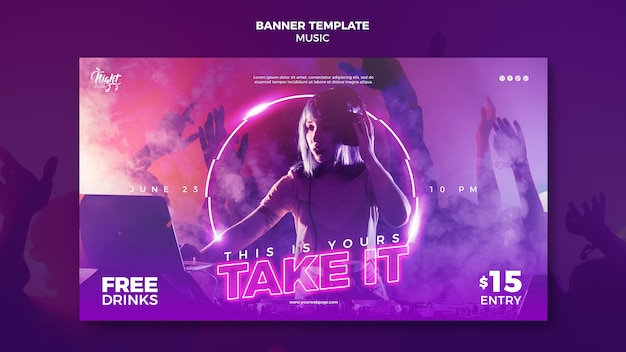 Neon banner template for electronic music with female dj