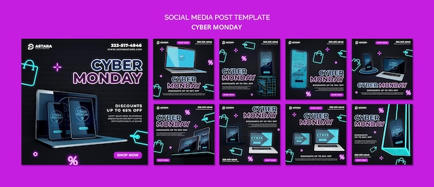 PSD gratuito collezione di post instagram di neon cyber lunedì