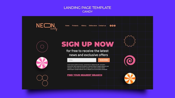 मुफ़्त PSD neon landing page for candy store