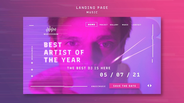 無料PSD アーティストとの音楽のためのネオンランディングページテンプレート