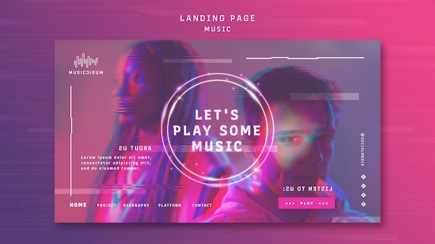 PSD gratuito modello di pagina di destinazione al neon per la musica con l'artista