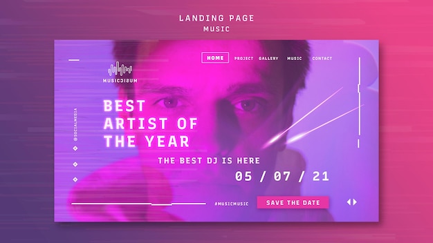 Neon landing page template for music with artist