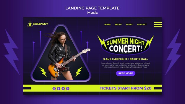 Free PSD neon landing page template for summer night concert