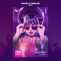 Neon poster template for electronic music with female dj