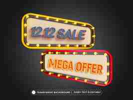 Free PSD neon style 1212 mega sale banner with 3d style editable text effect