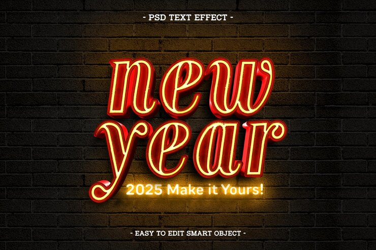 無料PSD ネオン・スタイル ハッピー・ニュー・イヤー 2025 エディテーブル・テキスト・エフェクト