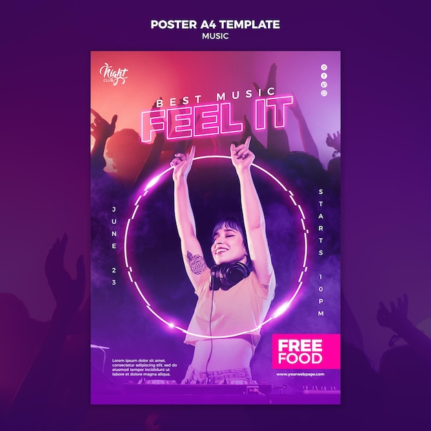 PSD gratuito modello di poster verticale al neon per musica elettronica con dj femminile