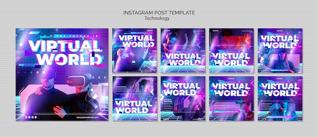 Free PSD neon virtual world instagram posts set