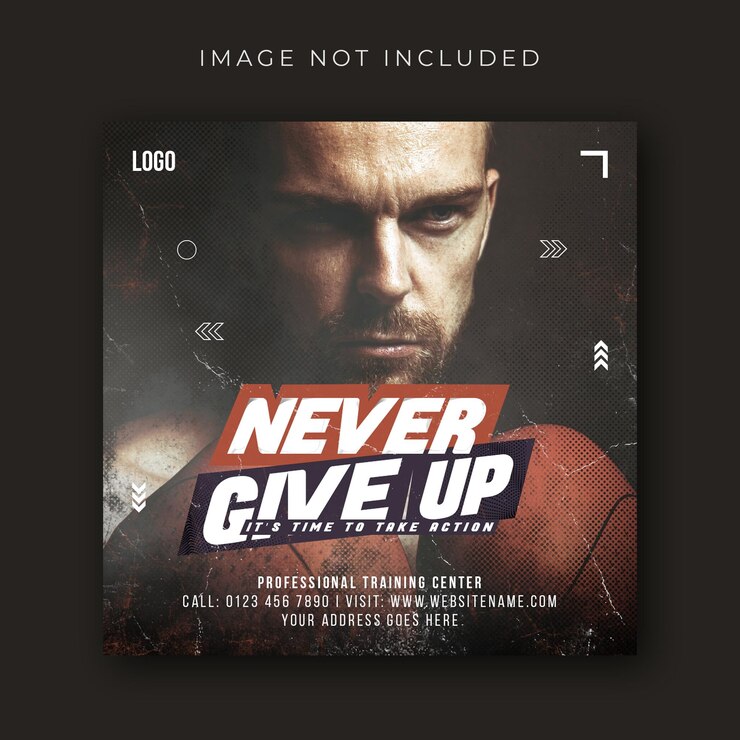 ฟรี PSD never give up sports social media post template