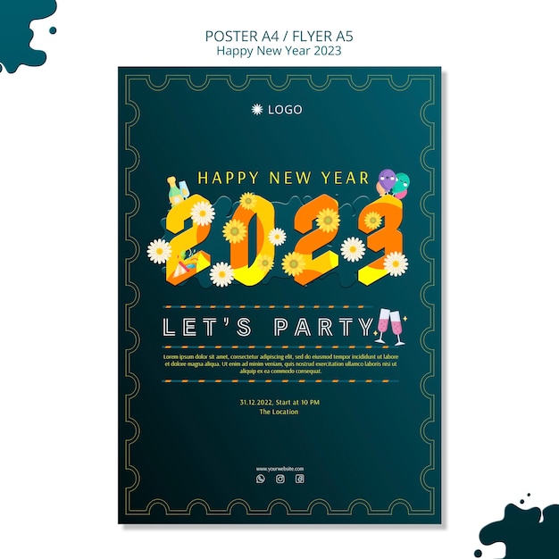 New year 2023 poster template design free PSD download