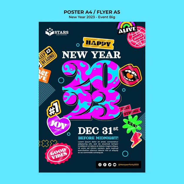 New year 2023 vertical poster template with stickers