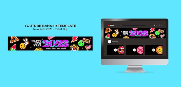 Free PSD new year 2023 youtube banner template with stickers