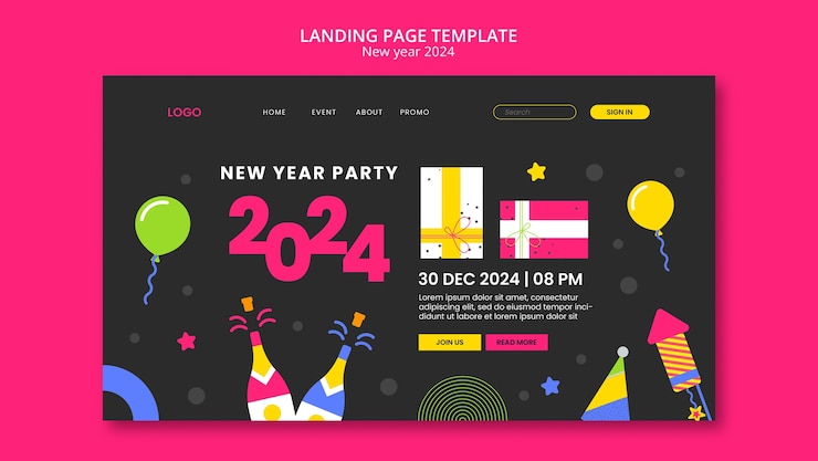 Free PSD new year 2024 celebration landing page