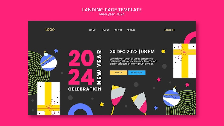 Free PSD new year 2024 celebration landing page