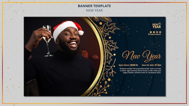 PSD gratuito modello di banner di capodanno con dettagli dorati