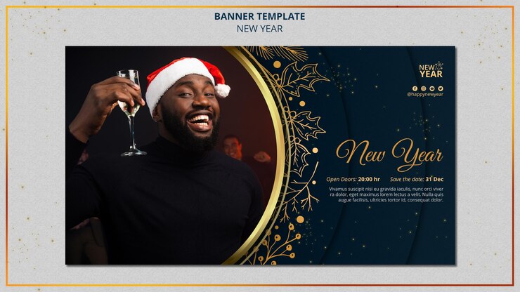 Free PSD new year banner template with golden details