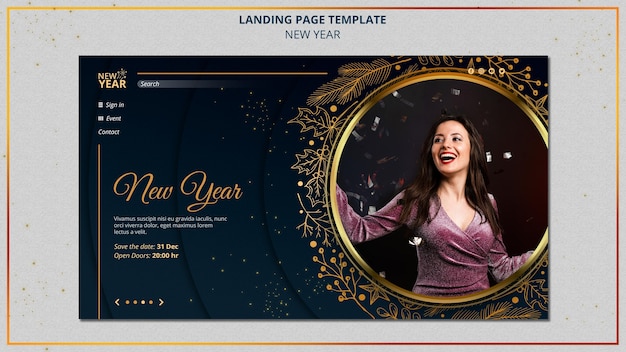 Free PSD new year landing page template with golden details