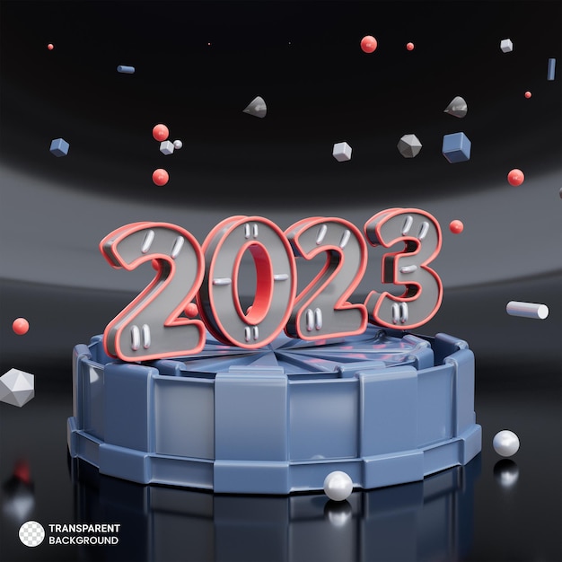 Nuovi anni 2023 3d illustrazione del display del podio del felice anno nuovo
