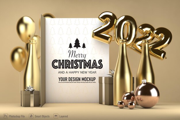 New years invitation mockup with bottle of champagne and christmas balls
