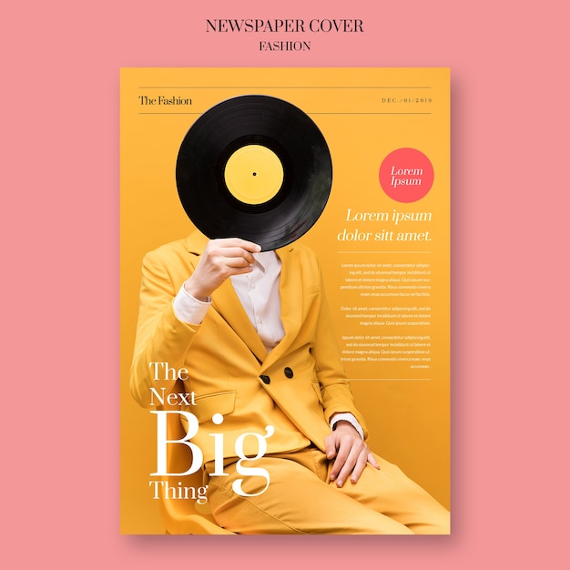 Newspaper Fashion Template with Model Holding a Vinyl Record