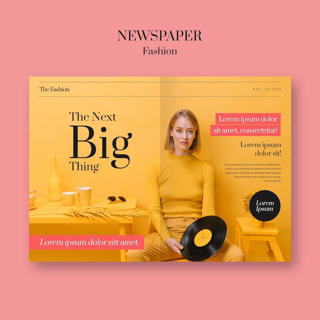 Free PSD newspaper fashion woman and vinyl record