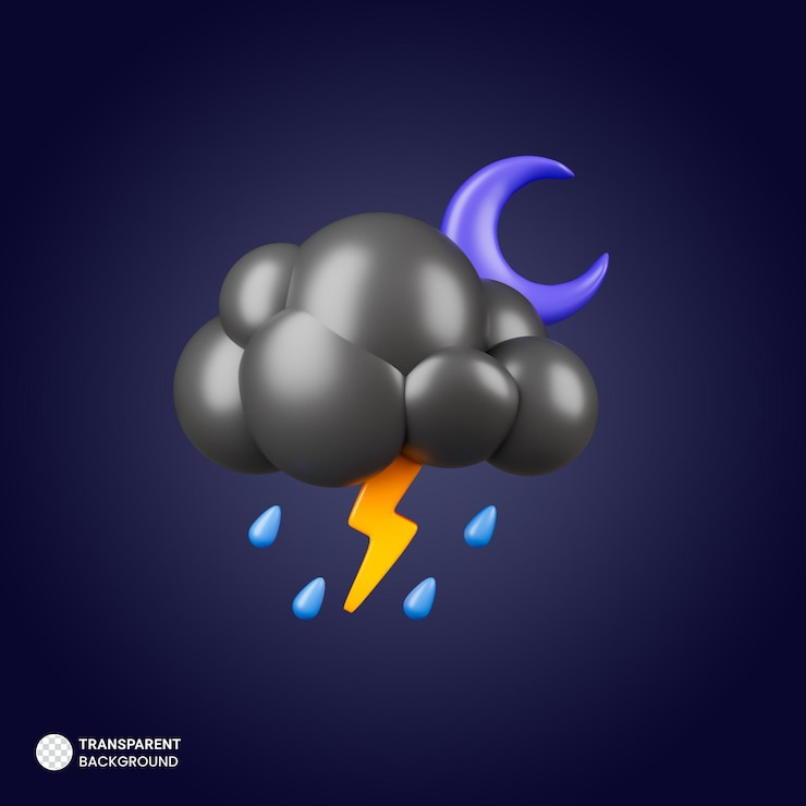 Free PSD night cloud with thunderstom icon 3d render illustration