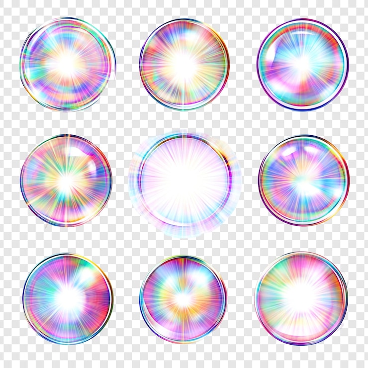Free PSD nine iridescent soap bubbles with a radiant light effect
