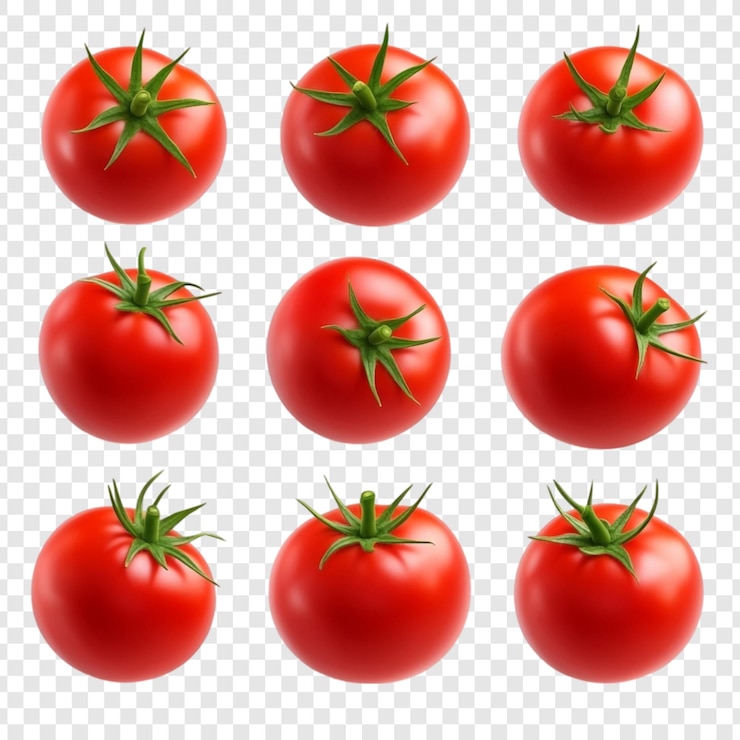 Free PSD nine red tomatoes collection a vibrant display of fresh ripe tomatoes perfect for culinary creations and designs