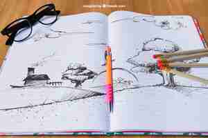 Free PSD notebook with drawing of landscape, pencils and glasses