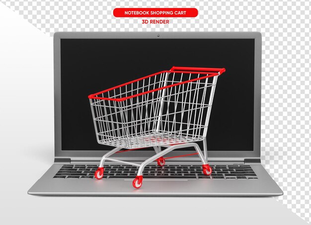 Notebook with supermarket trolley in realistic 3d render with transparent background
