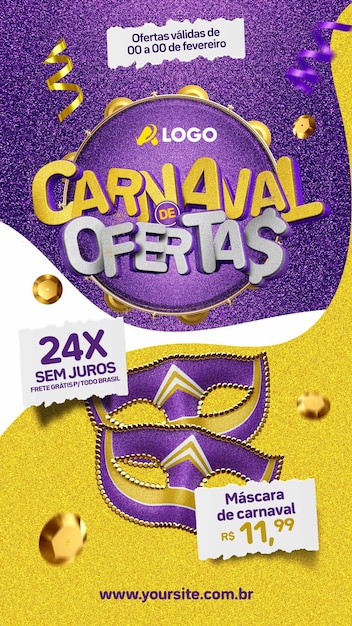 PSD gratuito offri storie sui social media di carnevale per la vendita di maschere di carnevale