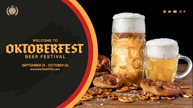 Oktoberfest beer mugs with pretzels on table