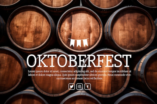 Free PSD oktoberfest text banner on image of stacked wine or beer barrels