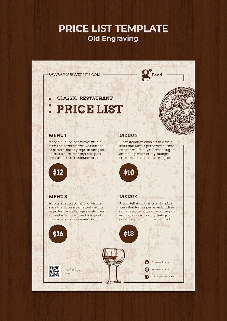 Free PSD old engraving menu price list template design