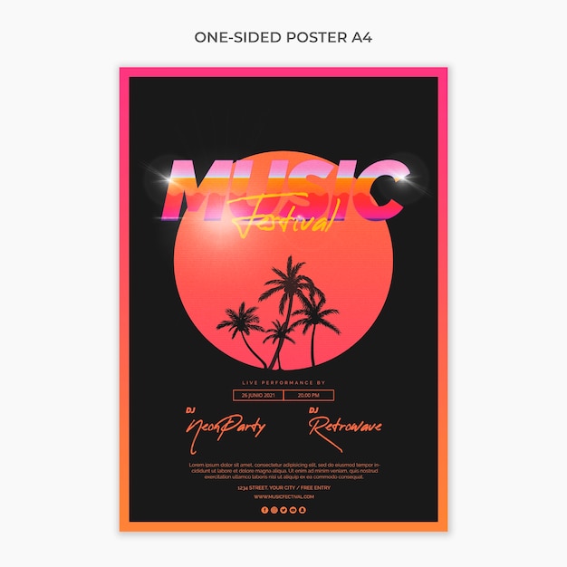 Free PSD one sided a4 poster template for 80s music festival