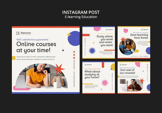 PSD gratuito raccolta di post di instagram di classi online con forme astratte