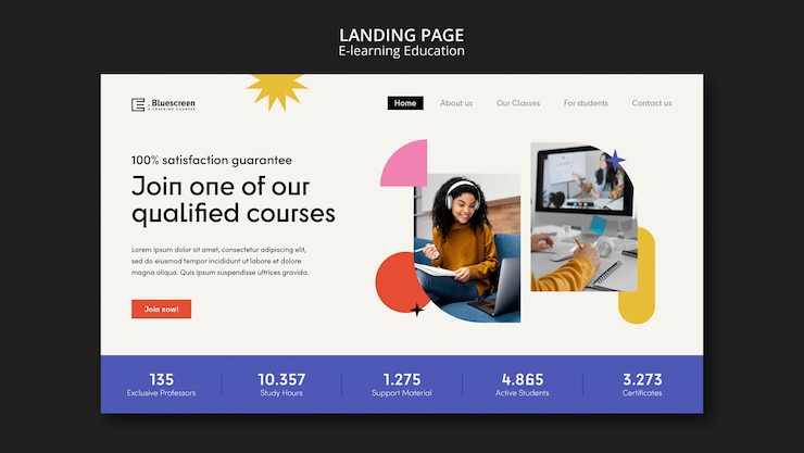 Free PSD online classes landing page template with abstract shapes