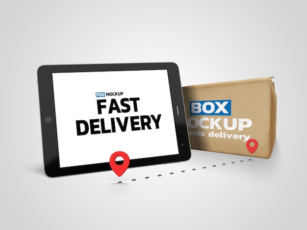 Download Premium PSD | Online delivery box mockup with tablet
