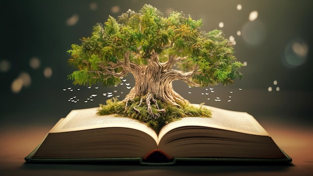 Un libro aperto con un albero che cresce da esso ia generativa