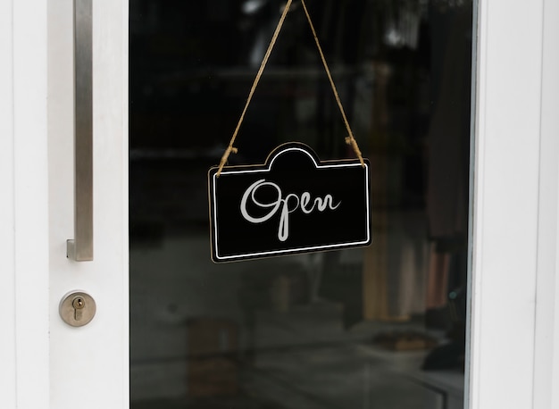 Open, wooden door sign mockup